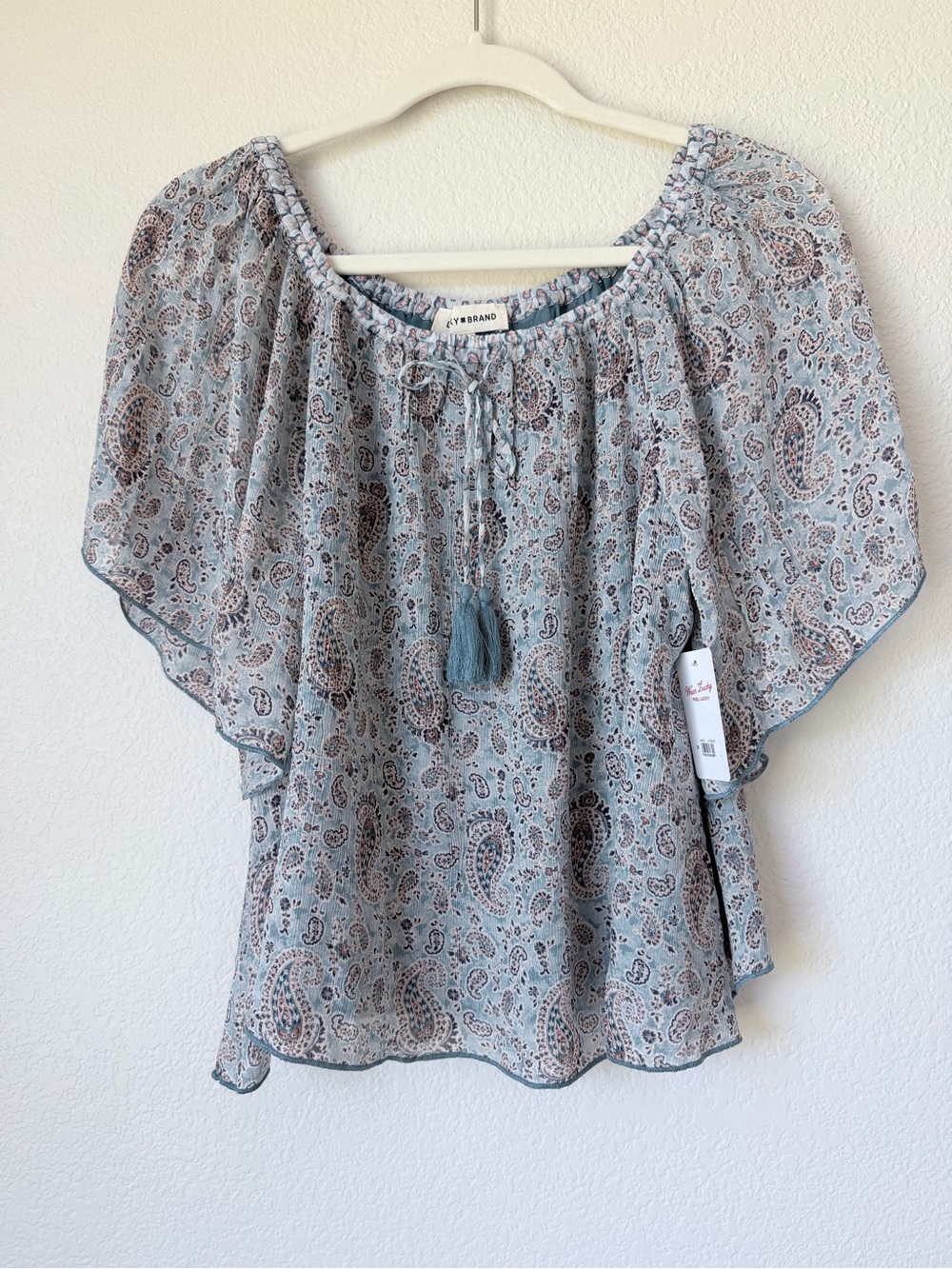 Lucky Brand Paisley Peasant Blouse Tassel Tie Boho Flutter Sleeve NWT